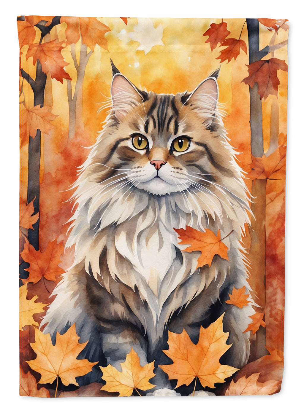 Siberian Cat in Fall Leaves House Flag 28x40 Porch Sleeve Pole Decorative Outside Yard Banner Artwork Wall Hanging, Polyester