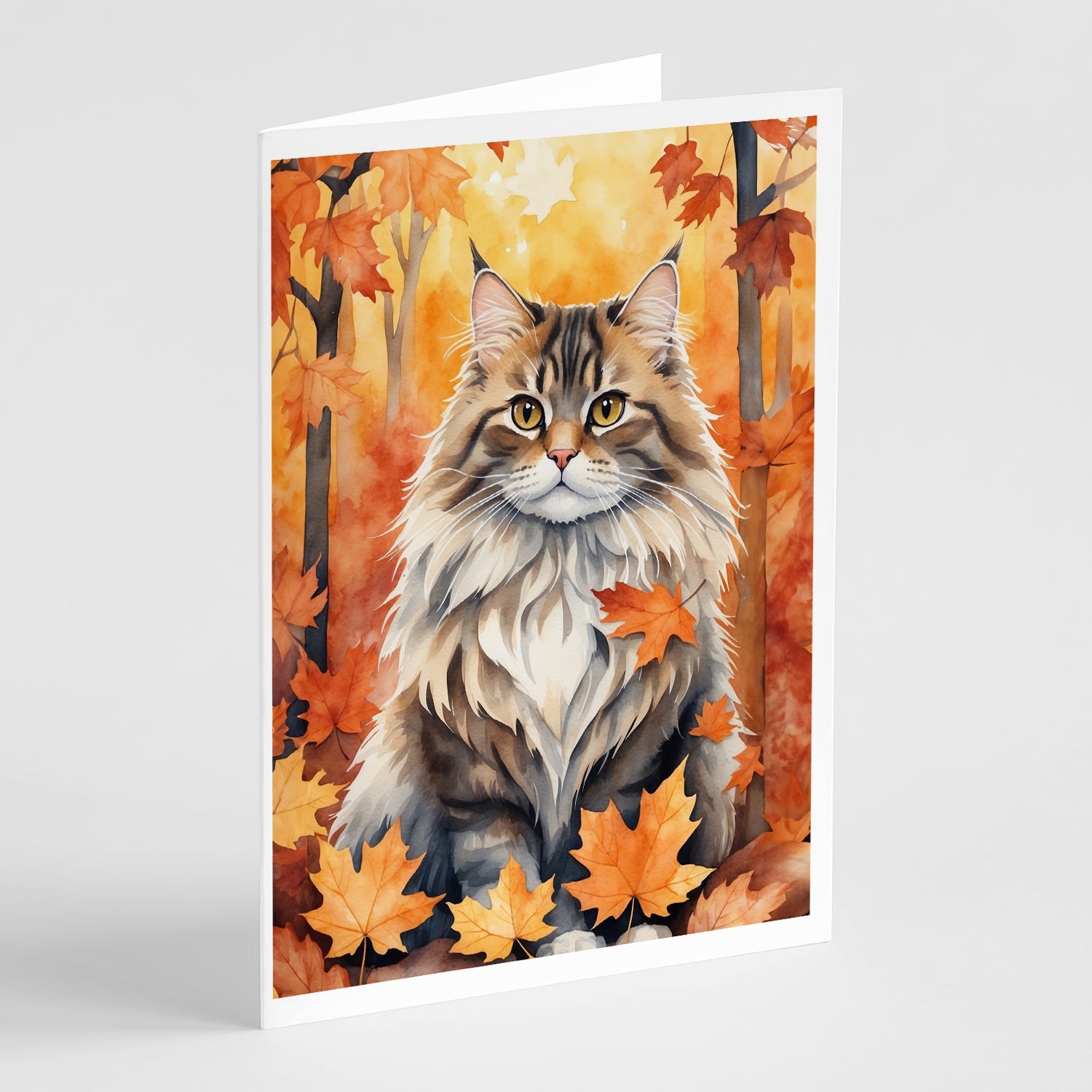 Siberian Cat in Fall Leaves Greeting Cards Pack of 8 Blank Cards with Envelopes Whimsical A7 Size 5x7