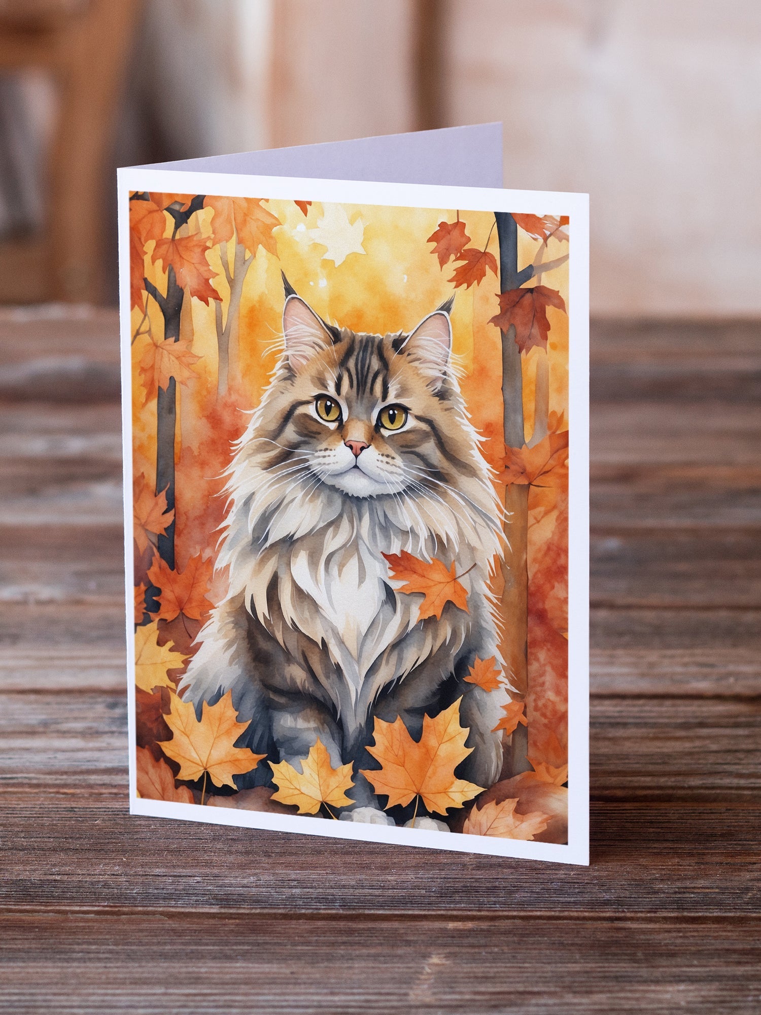 Siberian Cat in Fall Leaves Greeting Cards Pack of 8 Blank Cards with Envelopes Whimsical A7 Size 5x7