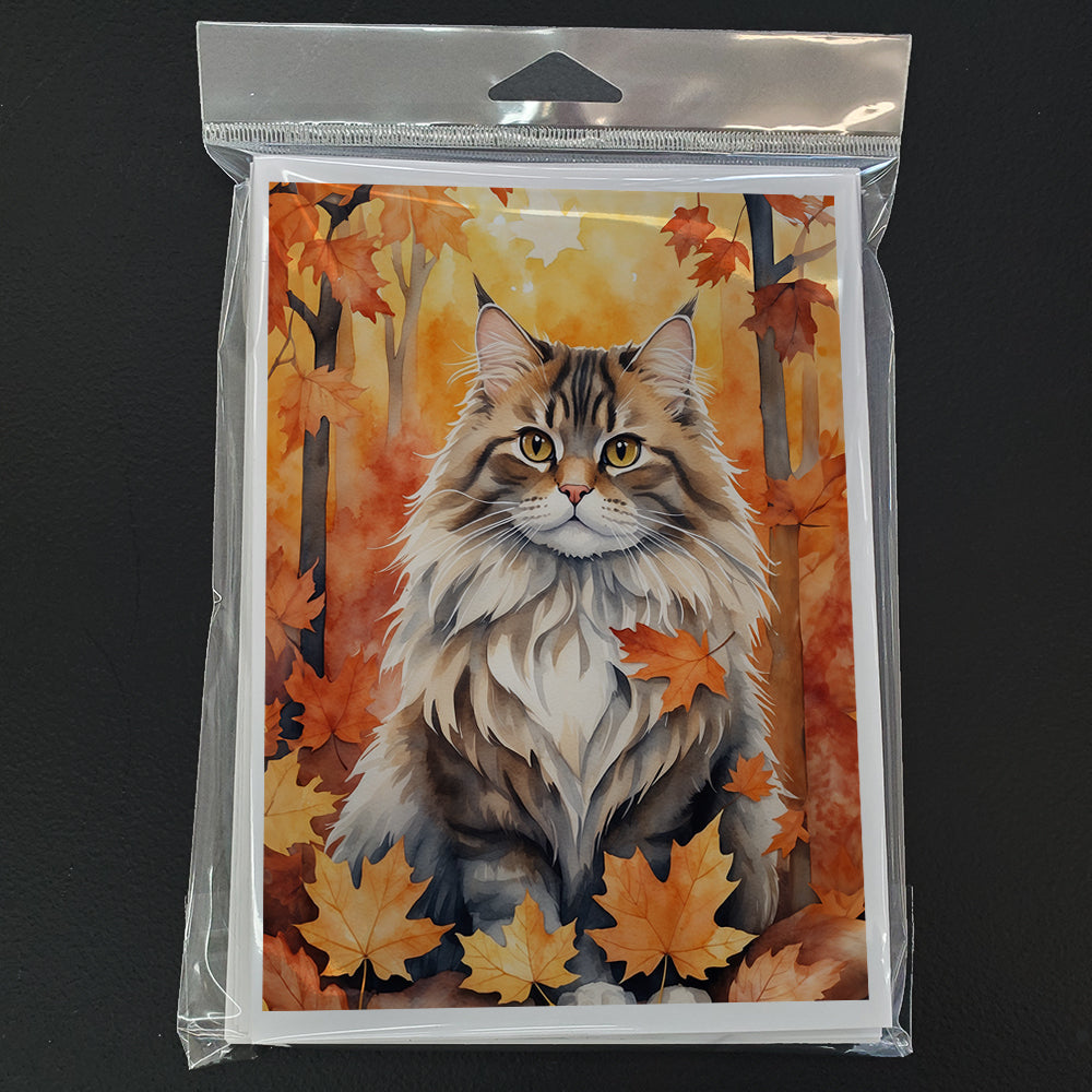 Siberian Cat in Fall Leaves Greeting Cards Pack of 8 Blank Cards with Envelopes Whimsical A7 Size 5x7