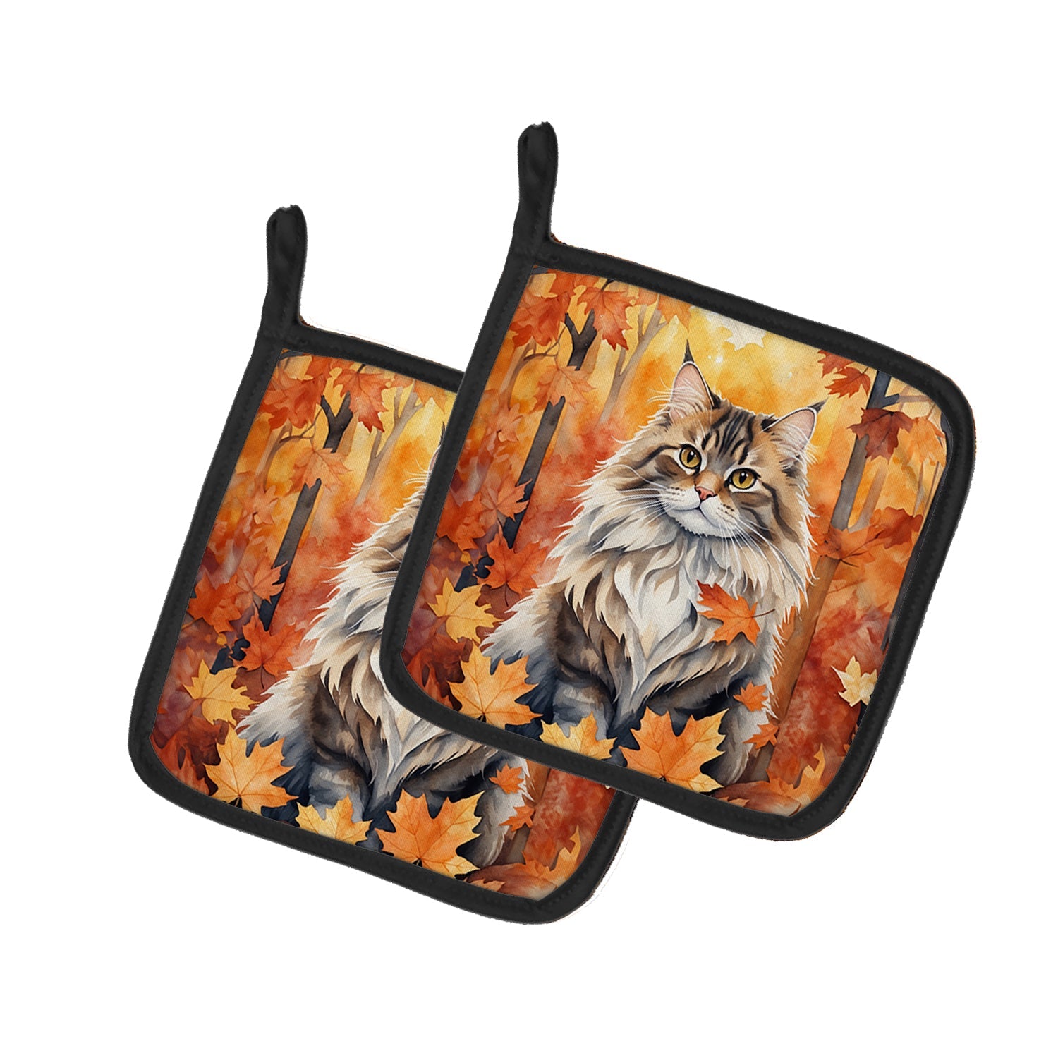 Siberian Cat in Fall Leaves Pot Holder Set of 2 Heat Resistant Quilted Hot Pads 7.5 x 7.5 Inch, Insulated Kitchen Trivets for Cooking & Baking