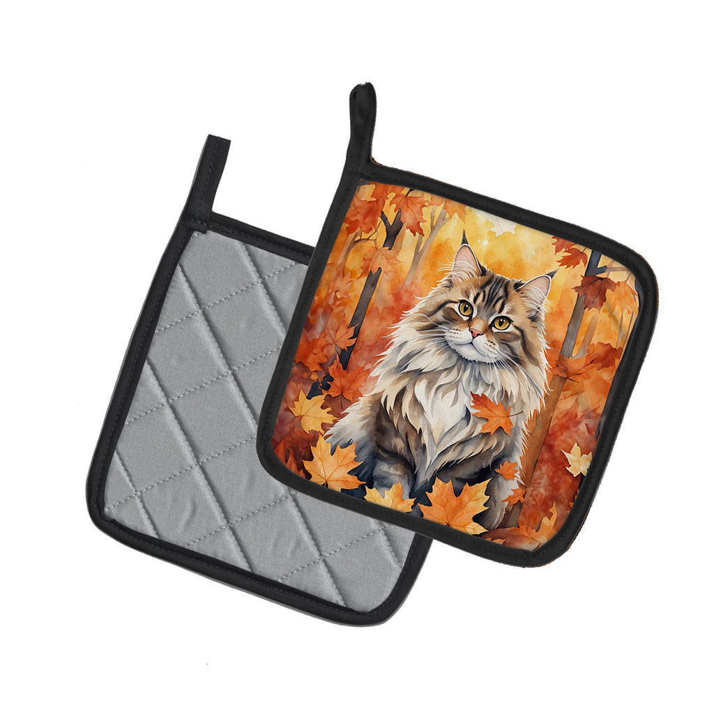 Siberian Cat in Fall Leaves Pot Holder Set of 2 Heat Resistant Quilted Hot Pads 7.5 x 7.5 Inch, Insulated Kitchen Trivets for Cooking & Baking