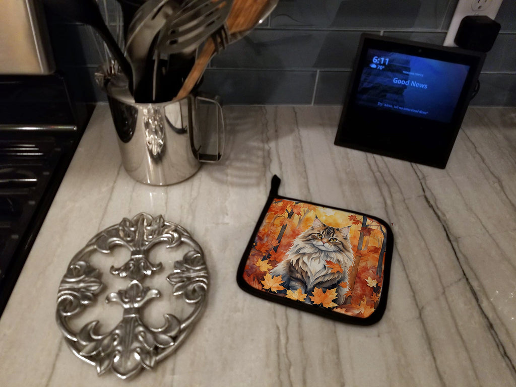 Siberian Cat in Fall Leaves Pot Holder Set of 2 Heat Resistant Quilted Hot Pads 7.5 x 7.5 Inch, Insulated Kitchen Trivets for Cooking & Baking
