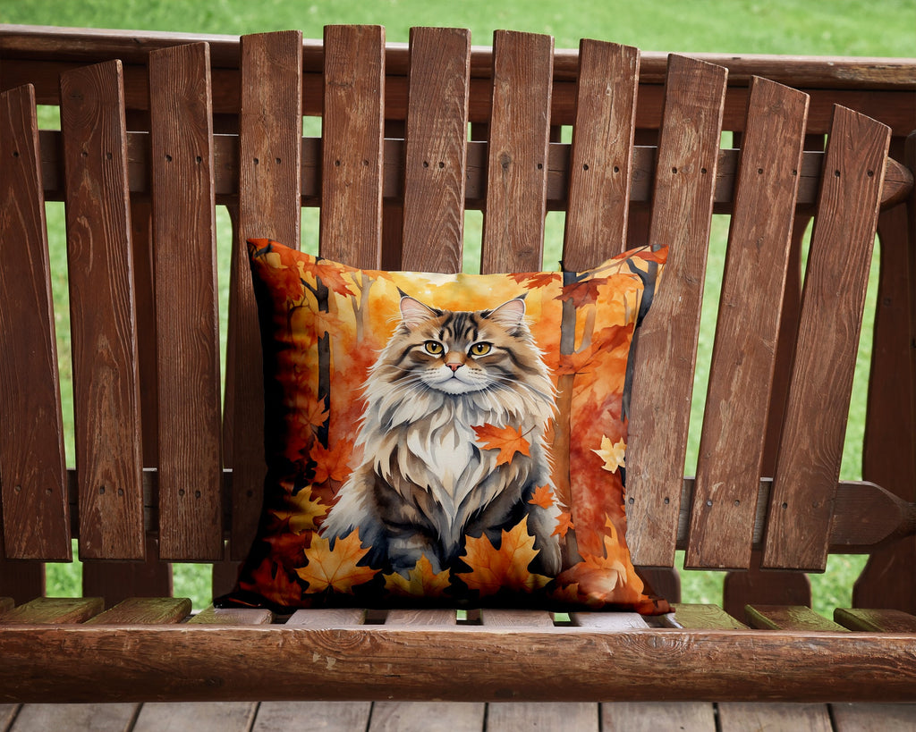 Siberian Cat in Fall Leaves Decorative Throw Pillow 14x14 Indoor Outdoor Accent Cushion, Fabric Cover with Insert for Sofa, Bed, Porch & Living Room