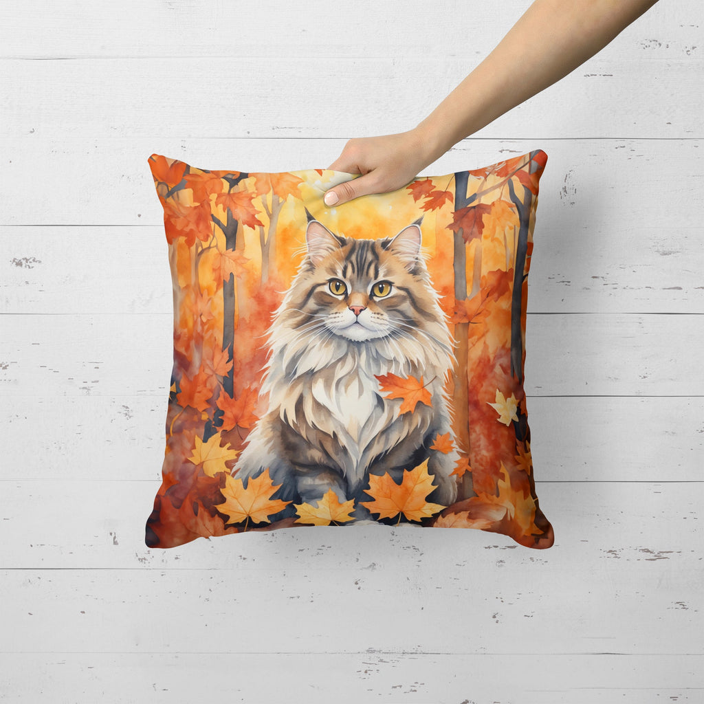 Siberian Cat in Fall Leaves Decorative Throw Pillow 18x18 Indoor Outdoor Accent Cushion, Fabric Cover with Insert for Sofa, Bed, Porch & Living Room
