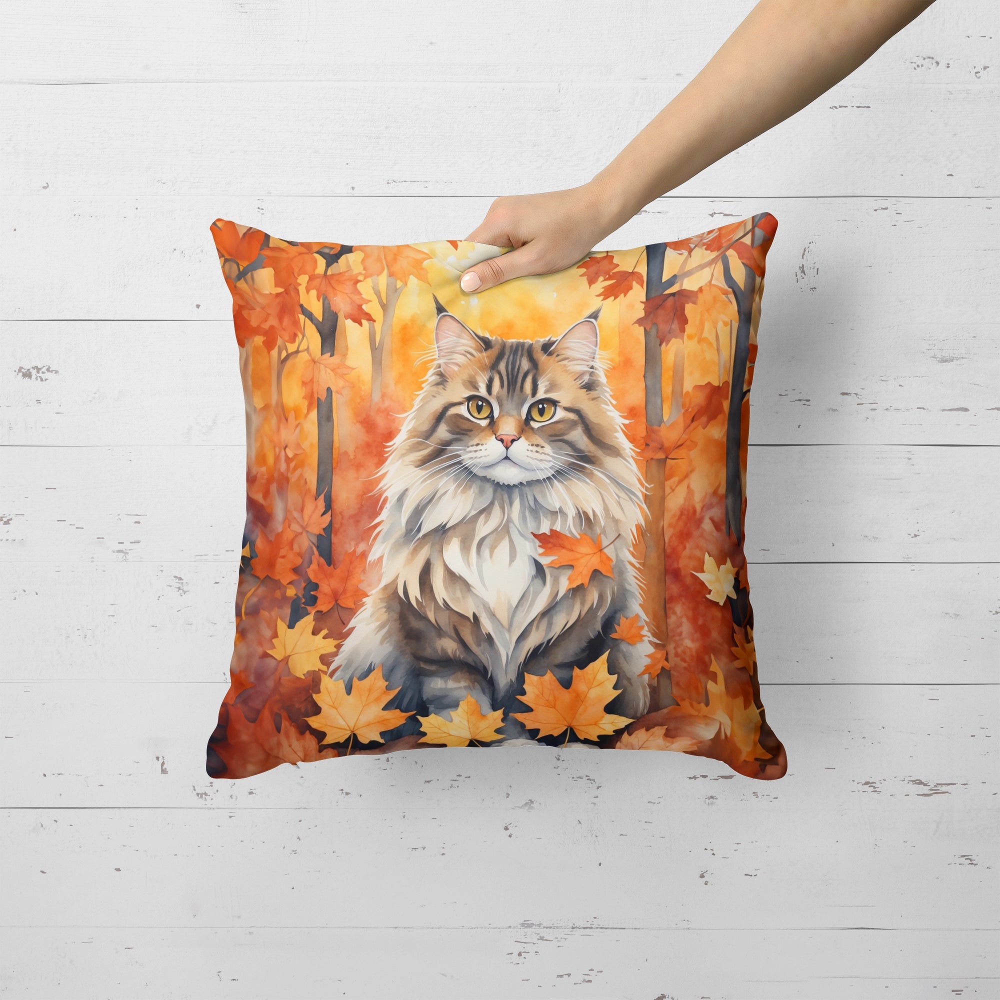 Siberian Cat in Fall Leaves Decorative Throw Pillow 18x18 Indoor Outdoor Accent Cushion, Fabric Cover with Insert for Sofa, Bed, Porch & Living Room