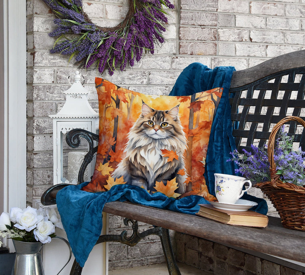 Siberian Cat in Fall Leaves Decorative Throw Pillow 18x18 Indoor Outdoor Accent Cushion, Fabric Cover with Insert for Sofa, Bed, Porch & Living Room