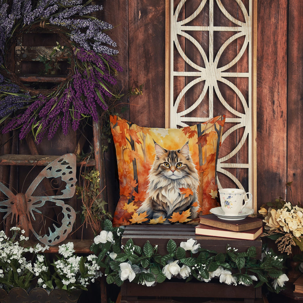 Siberian Cat in Fall Leaves Decorative Throw Pillow 18x18 Indoor Outdoor Accent Cushion, Fabric Cover with Insert for Sofa, Bed, Porch & Living Room