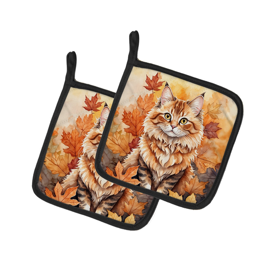 Skookum Cat in Fall Leaves Pot Holder Set of 2 Heat Resistant Quilted Hot Pads 7.5 x 7.5 Inch, Insulated Kitchen Trivets for Cooking & Baking