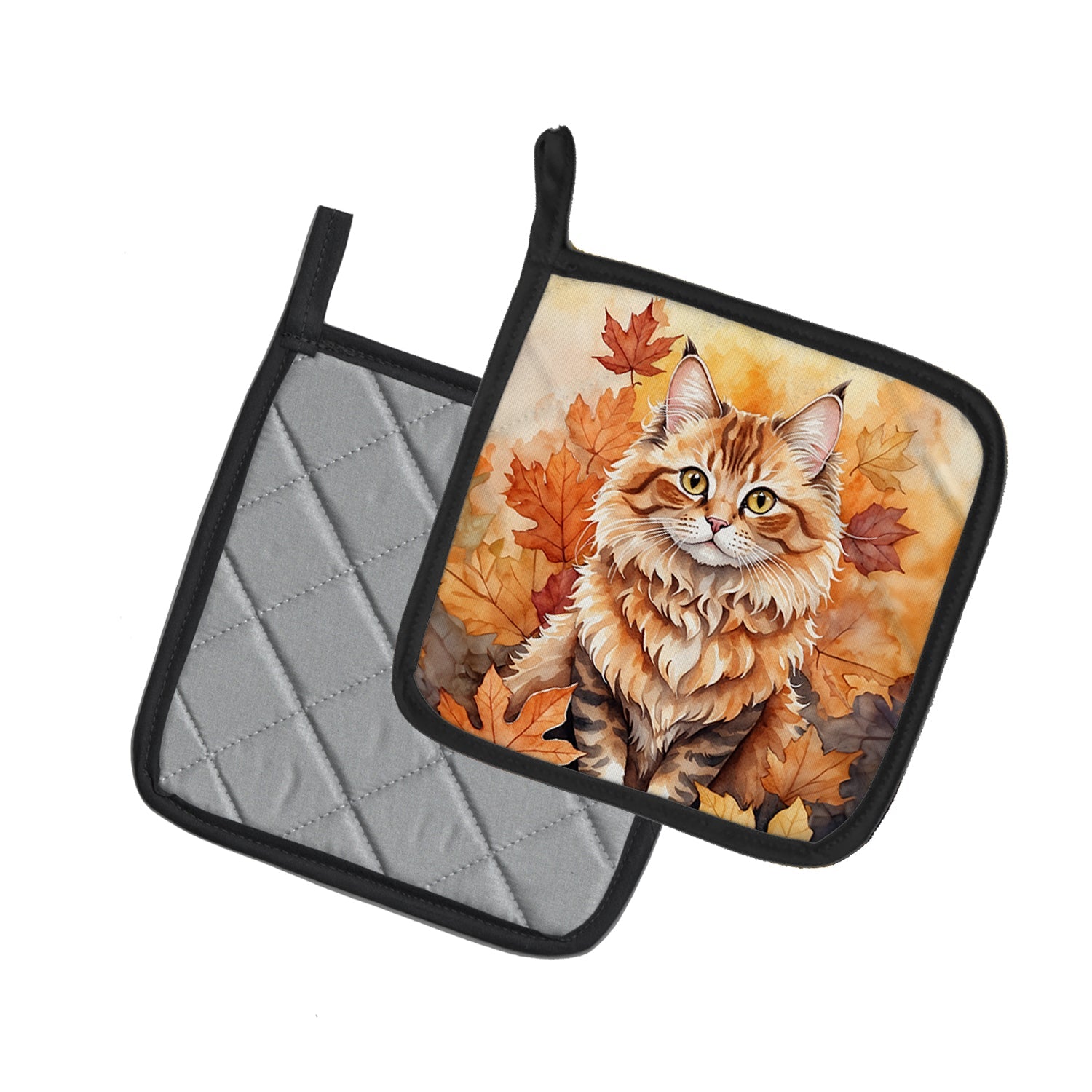 Skookum Cat in Fall Leaves Pot Holder Set of 2 Heat Resistant Quilted Hot Pads 7.5 x 7.5 Inch, Insulated Kitchen Trivets for Cooking & Baking