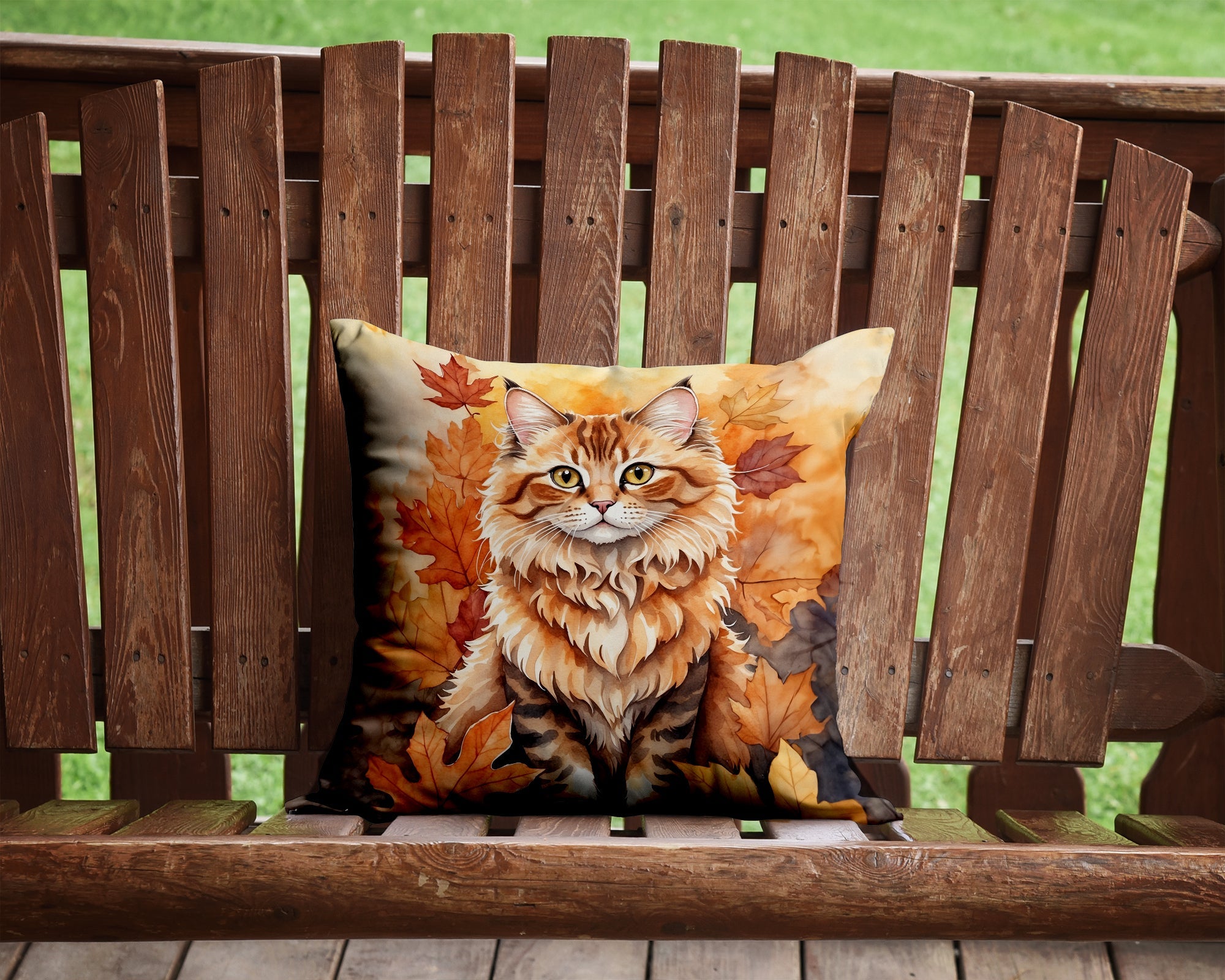 Skookum Cat in Fall Leaves Decorative Throw Pillow 14x14 Indoor Outdoor Accent Cushion, Fabric Cover with Insert for Sofa, Bed, Porch & Living Room