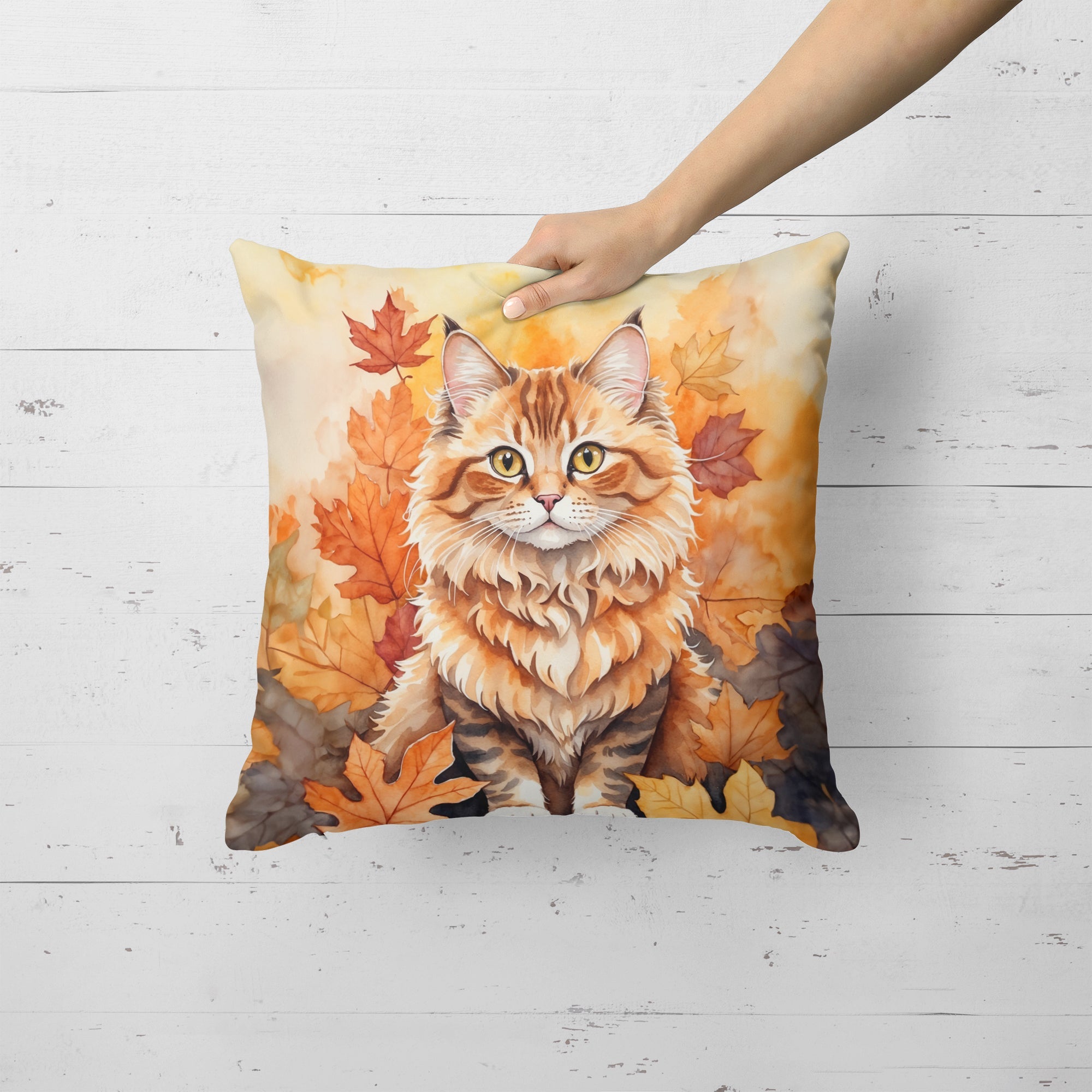 Skookum Cat in Fall Leaves Decorative Throw Pillow 18x18 Indoor Outdoor Accent Cushion, Fabric Cover with Insert for Sofa, Bed, Porch & Living Room