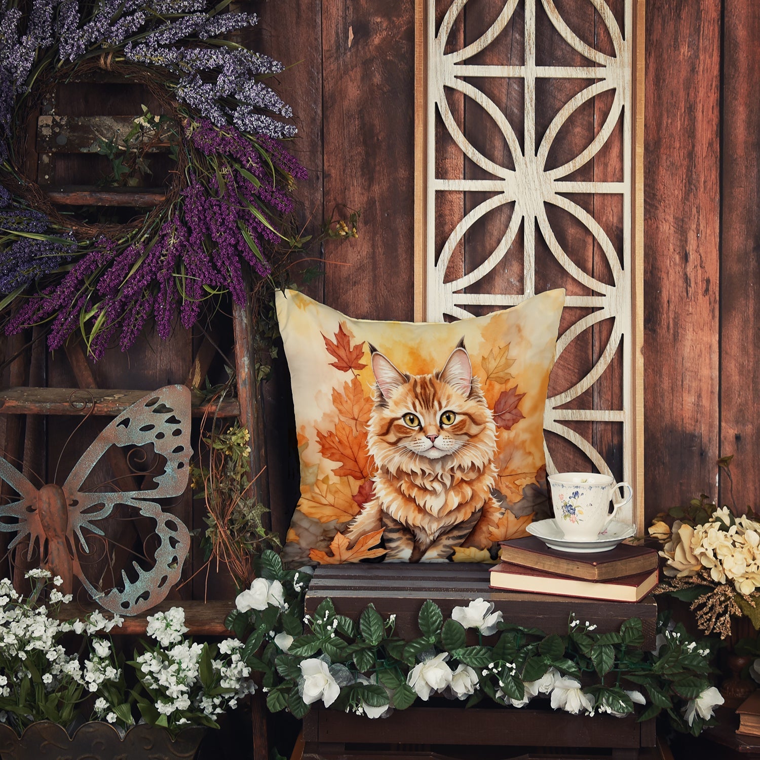 Skookum Cat in Fall Leaves Decorative Throw Pillow 18x18 Indoor Outdoor Accent Cushion, Fabric Cover with Insert for Sofa, Bed, Porch & Living Room