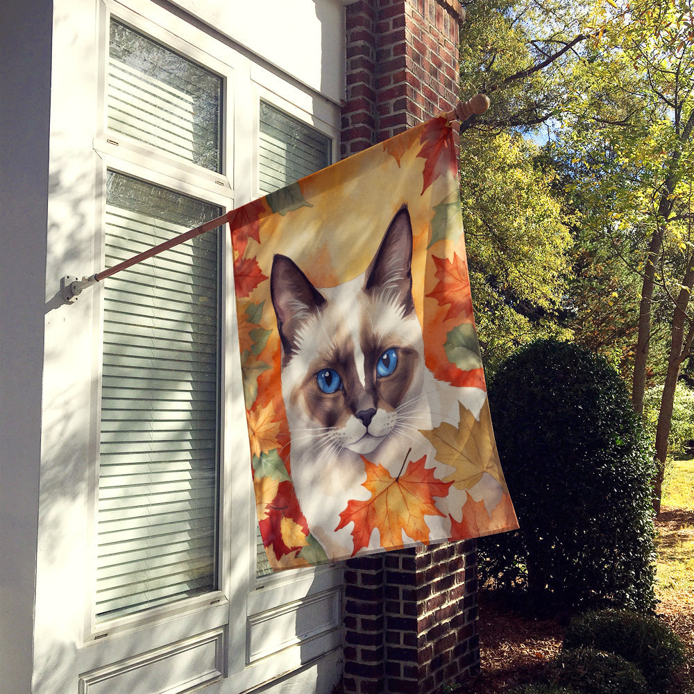 Snowshoe Cat in Fall Leaves House Flag 28x40 Porch Sleeve Pole Decorative Outside Yard Banner Artwork Wall Hanging, Polyester