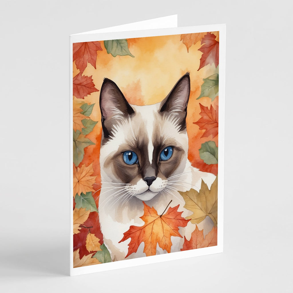 Snowshoe Cat in Fall Leaves Greeting Cards Pack of 8 Blank Cards with Envelopes Whimsical A7 Size 5x7
