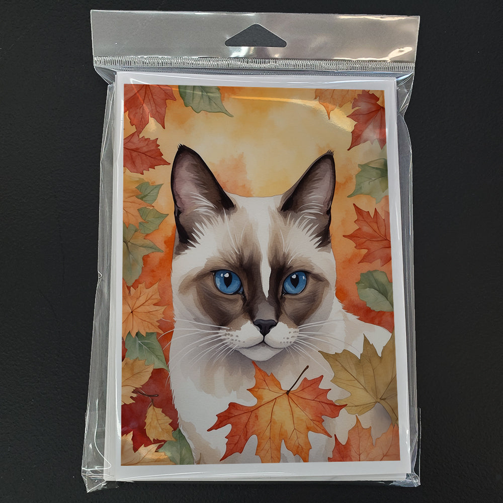 Snowshoe Cat in Fall Leaves Greeting Cards Pack of 8 Blank Cards with Envelopes Whimsical A7 Size 5x7