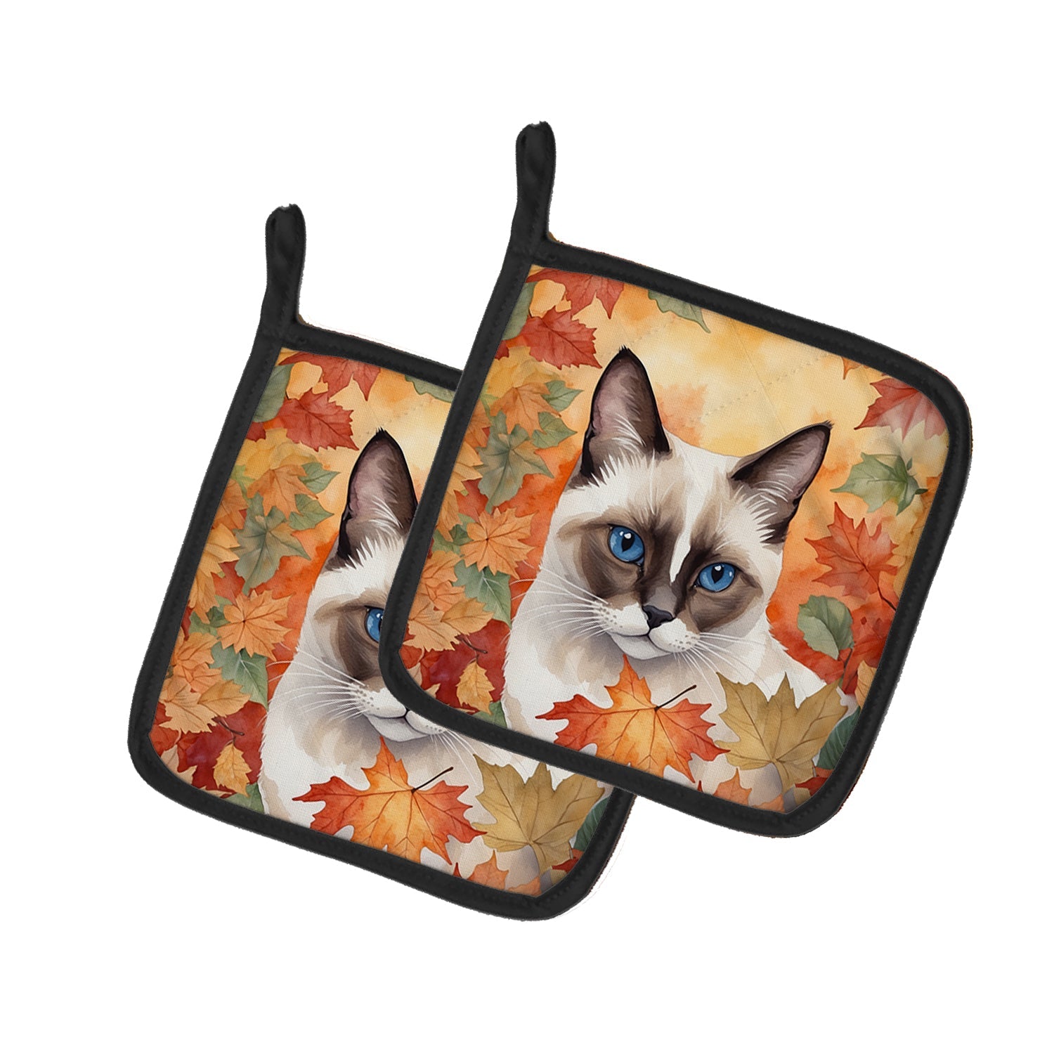 Snowshoe Cat in Fall Leaves Pot Holder Set of 2 Heat Resistant Quilted Hot Pads 7.5 x 7.5 Inch, Insulated Kitchen Trivets for Cooking & Baking