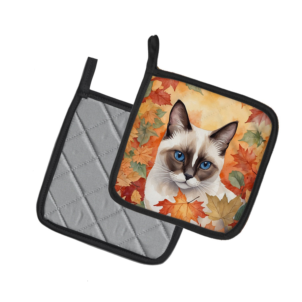Snowshoe Cat in Fall Leaves Pot Holder Set of 2 Heat Resistant Quilted Hot Pads 7.5 x 7.5 Inch, Insulated Kitchen Trivets for Cooking & Baking