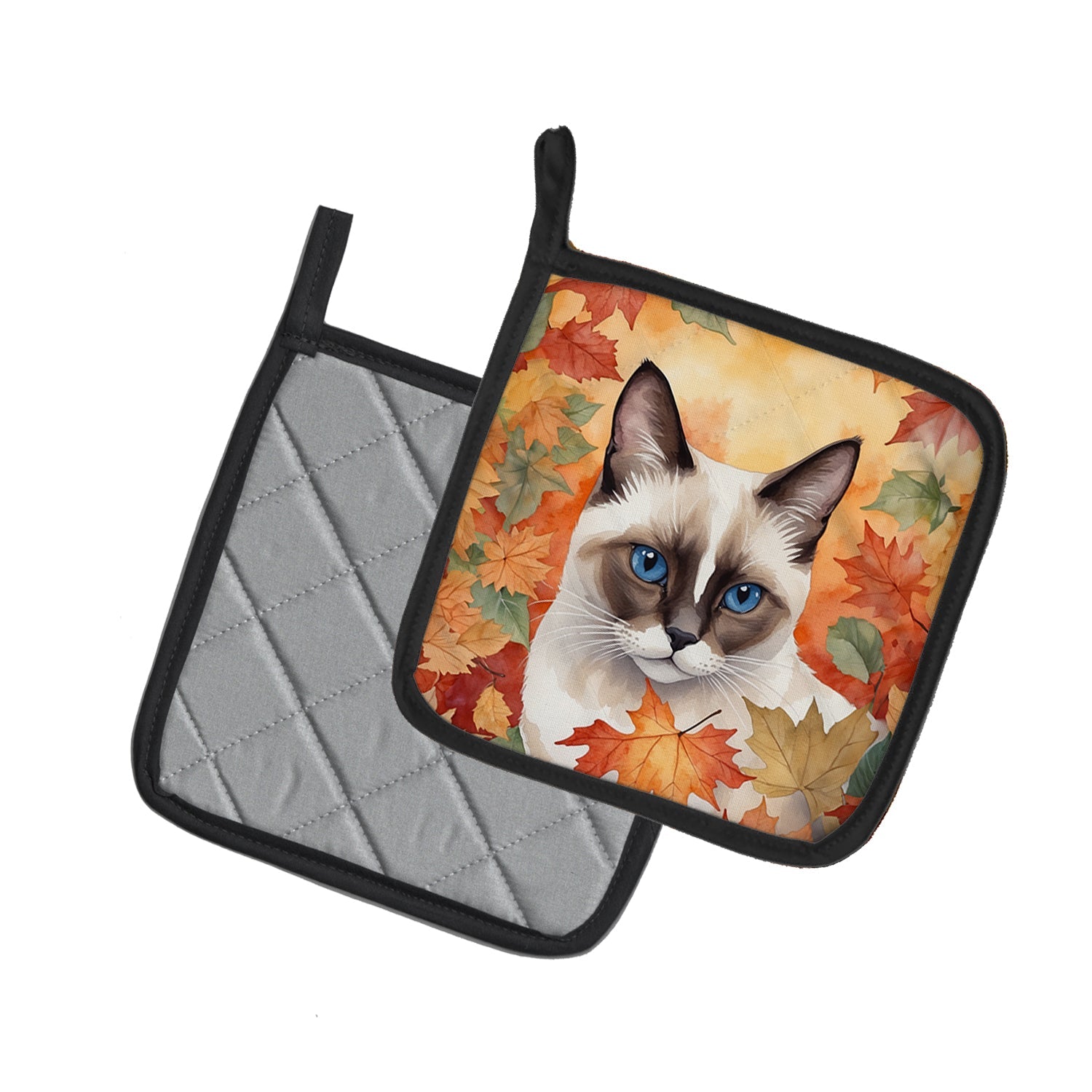 Snowshoe Cat in Fall Leaves Pot Holder Set of 2 Heat Resistant Quilted Hot Pads 7.5 x 7.5 Inch, Insulated Kitchen Trivets for Cooking & Baking