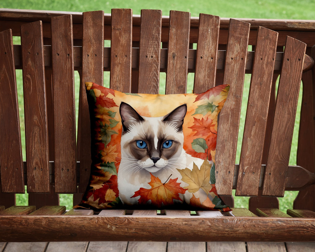 Snowshoe Cat in Fall Leaves Decorative Throw Pillow 14x14 Indoor Outdoor Accent Cushion, Fabric Cover with Insert for Sofa, Bed, Porch & Living Room