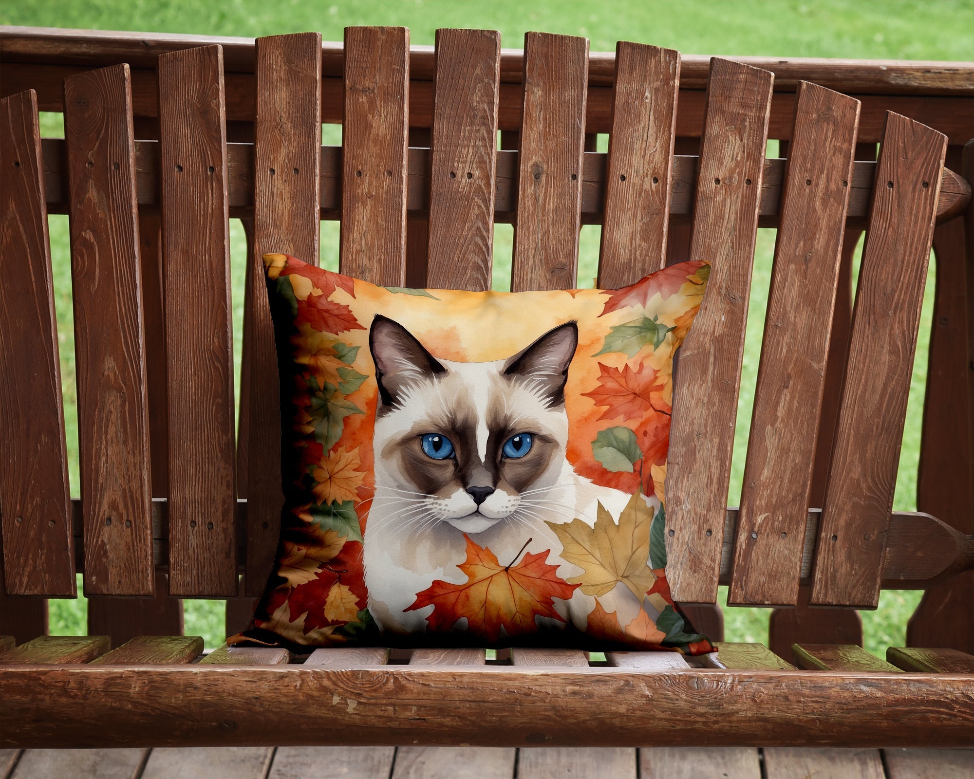 Snowshoe Cat in Fall Leaves Decorative Throw Pillow 14x14 Indoor Outdoor Accent Cushion, Fabric Cover with Insert for Sofa, Bed, Porch & Living Room