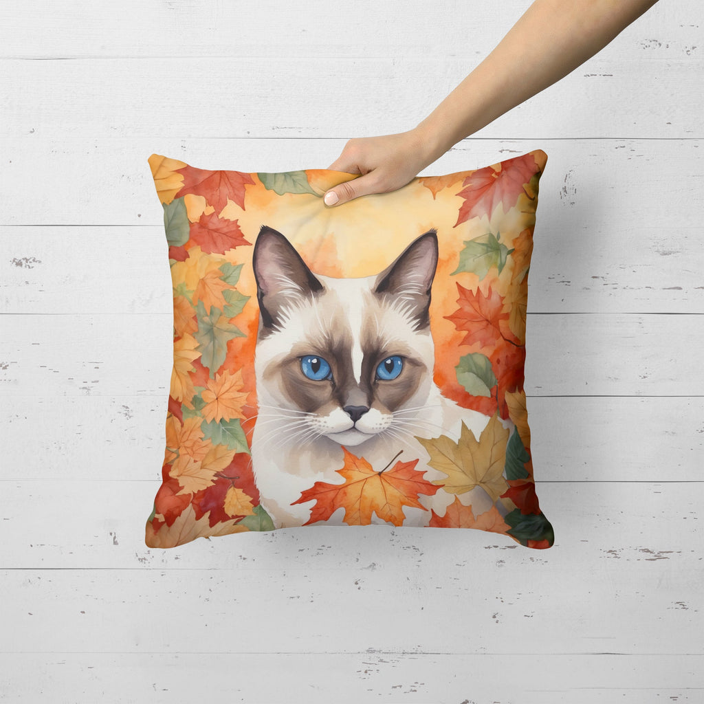 Snowshoe Cat in Fall Leaves Decorative Throw Pillow 18x18 Indoor Outdoor Accent Cushion, Fabric Cover with Insert for Sofa, Bed, Porch & Living Room