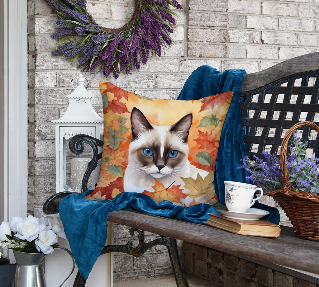 Snowshoe Cat in Fall Leaves Decorative Throw Pillow 18x18 Indoor Outdoor Accent Cushion, Fabric Cover with Insert for Sofa, Bed, Porch & Living Room