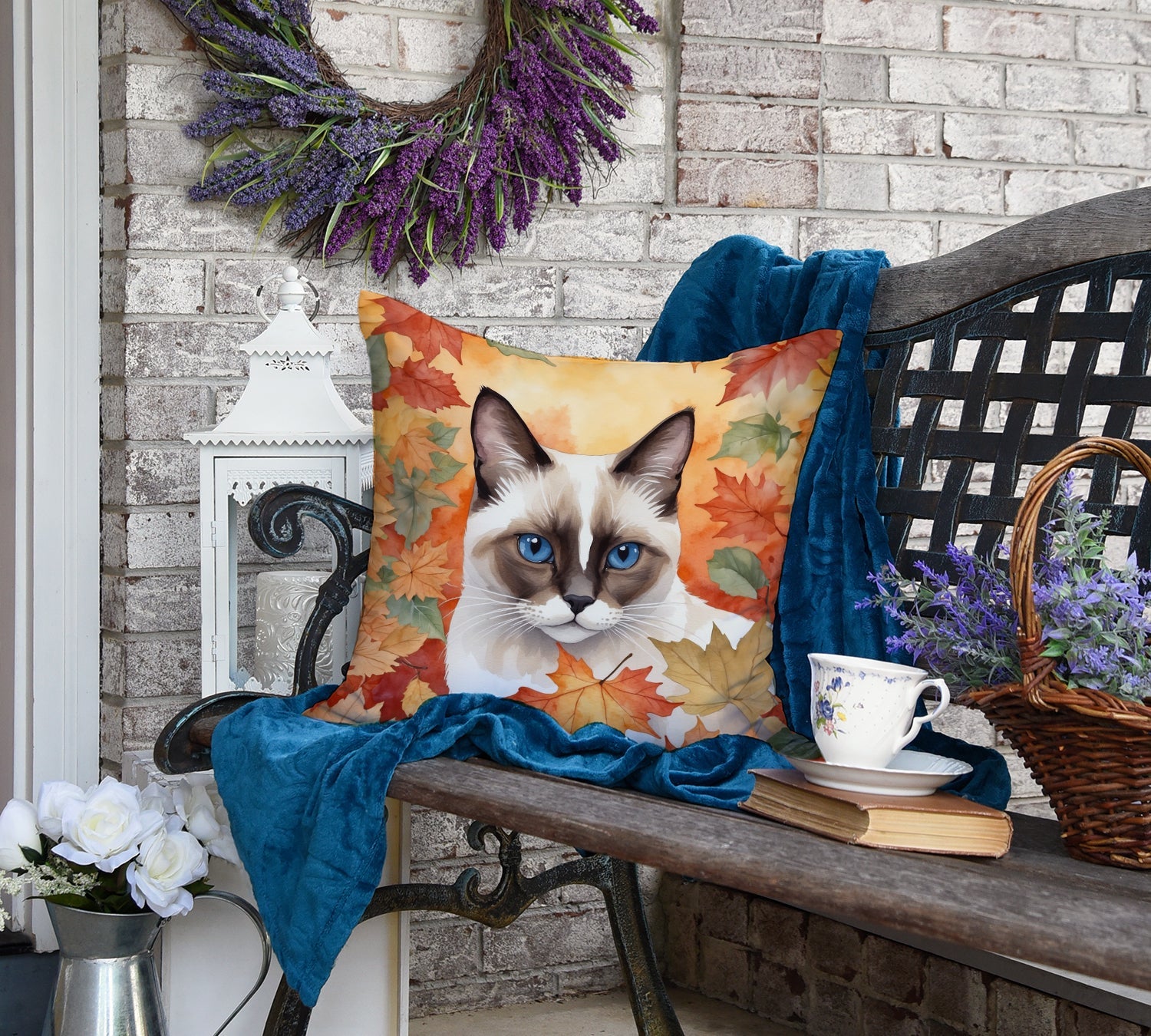 Snowshoe Cat in Fall Leaves Decorative Throw Pillow 18x18 Indoor Outdoor Accent Cushion, Fabric Cover with Insert for Sofa, Bed, Porch & Living Room