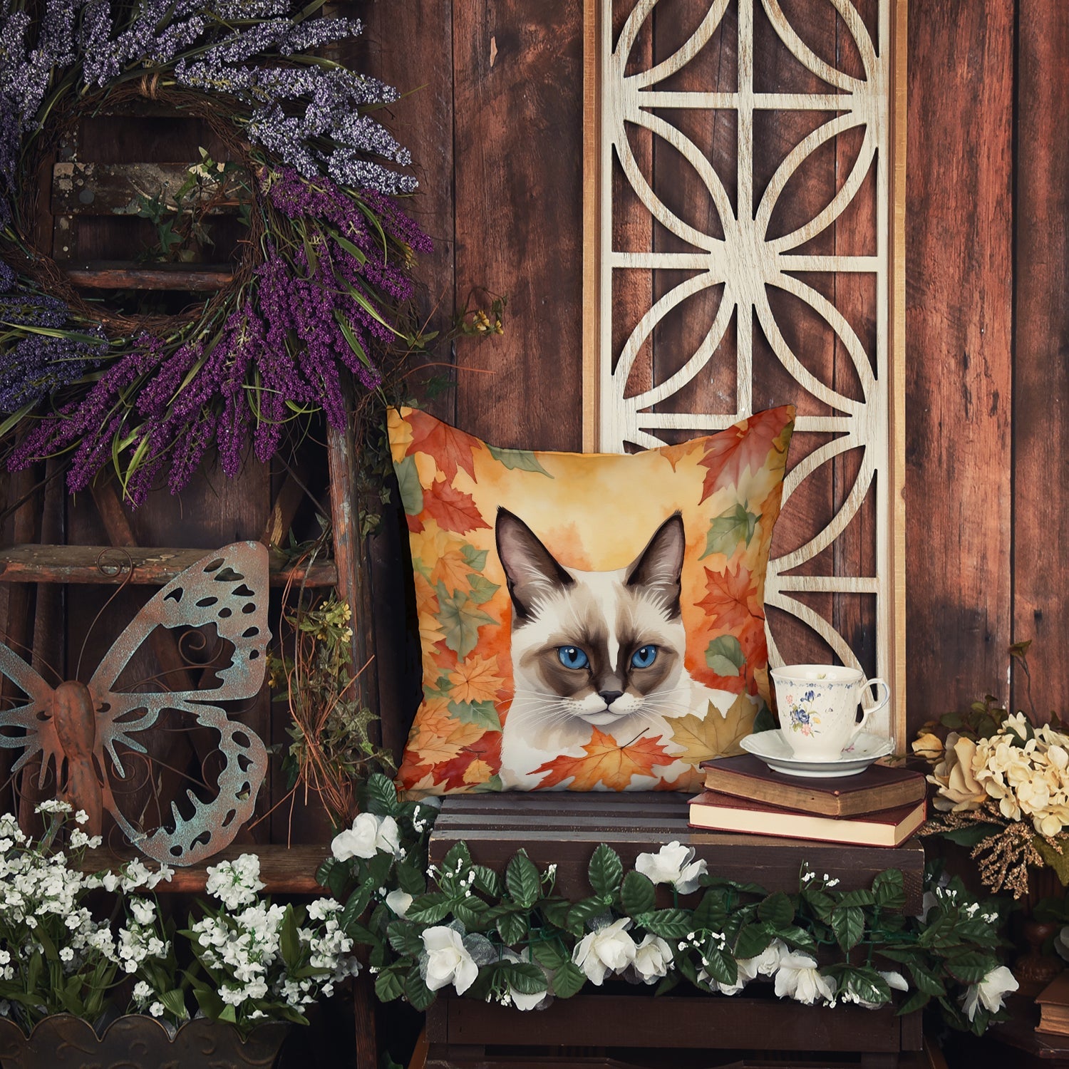Snowshoe Cat in Fall Leaves Decorative Throw Pillow 18x18 Indoor Outdoor Accent Cushion, Fabric Cover with Insert for Sofa, Bed, Porch & Living Room