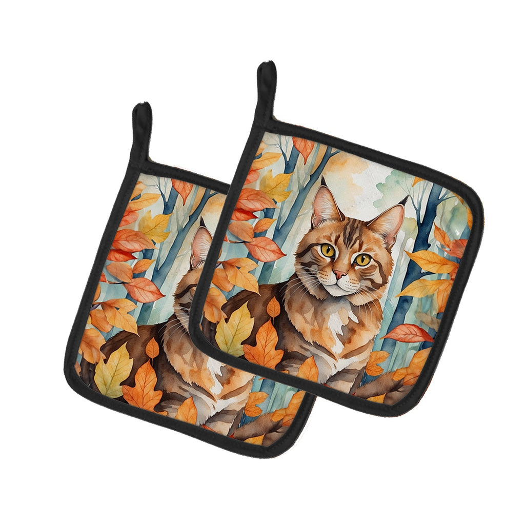 Sokoke Cat in Fall Leaves Pot Holder Set of 2 Heat Resistant Quilted Hot Pads 7.5 x 7.5 Inch, Insulated Kitchen Trivets for Cooking & Baking