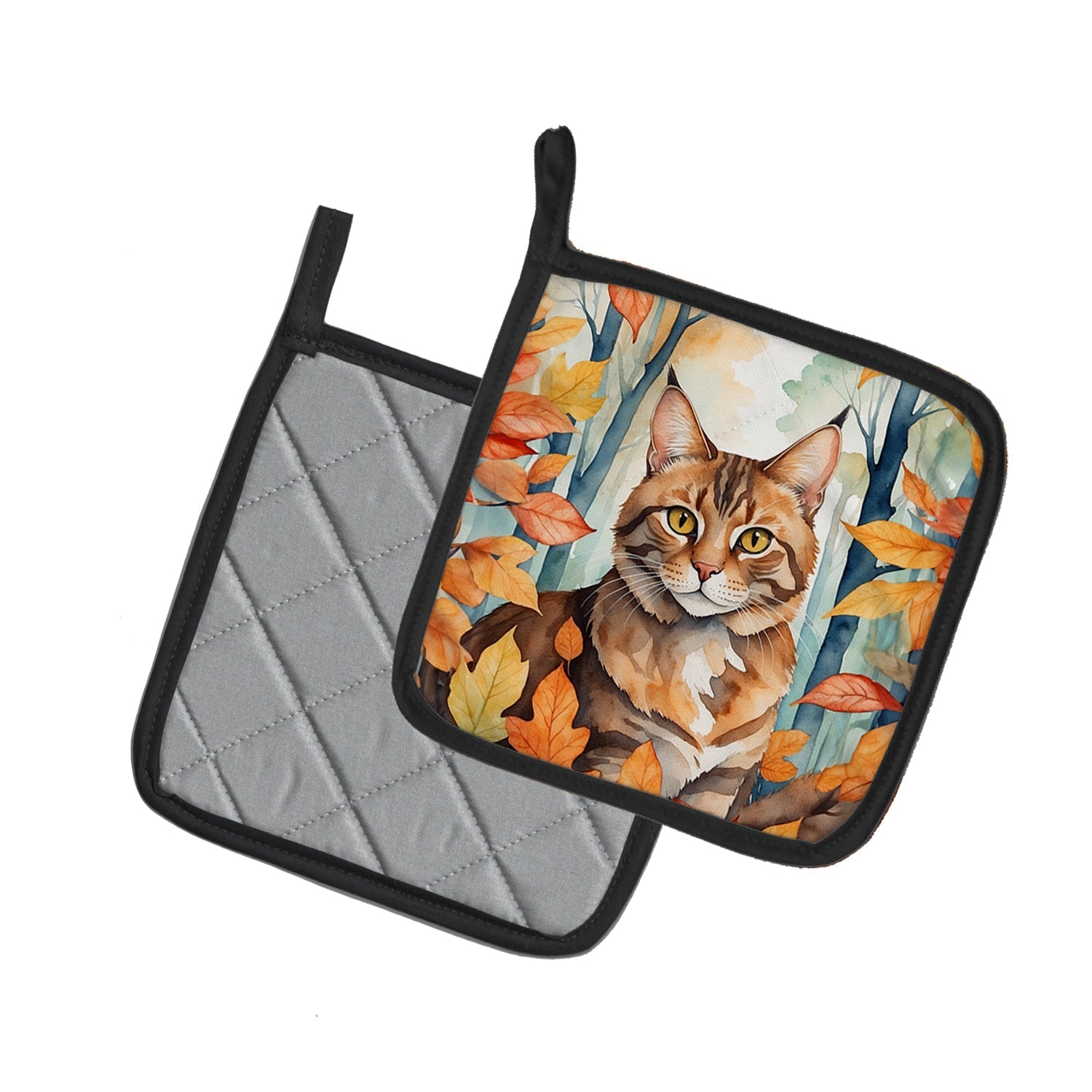 Sokoke Cat in Fall Leaves Pot Holder Set of 2 Heat Resistant Quilted Hot Pads 7.5 x 7.5 Inch, Insulated Kitchen Trivets for Cooking & Baking