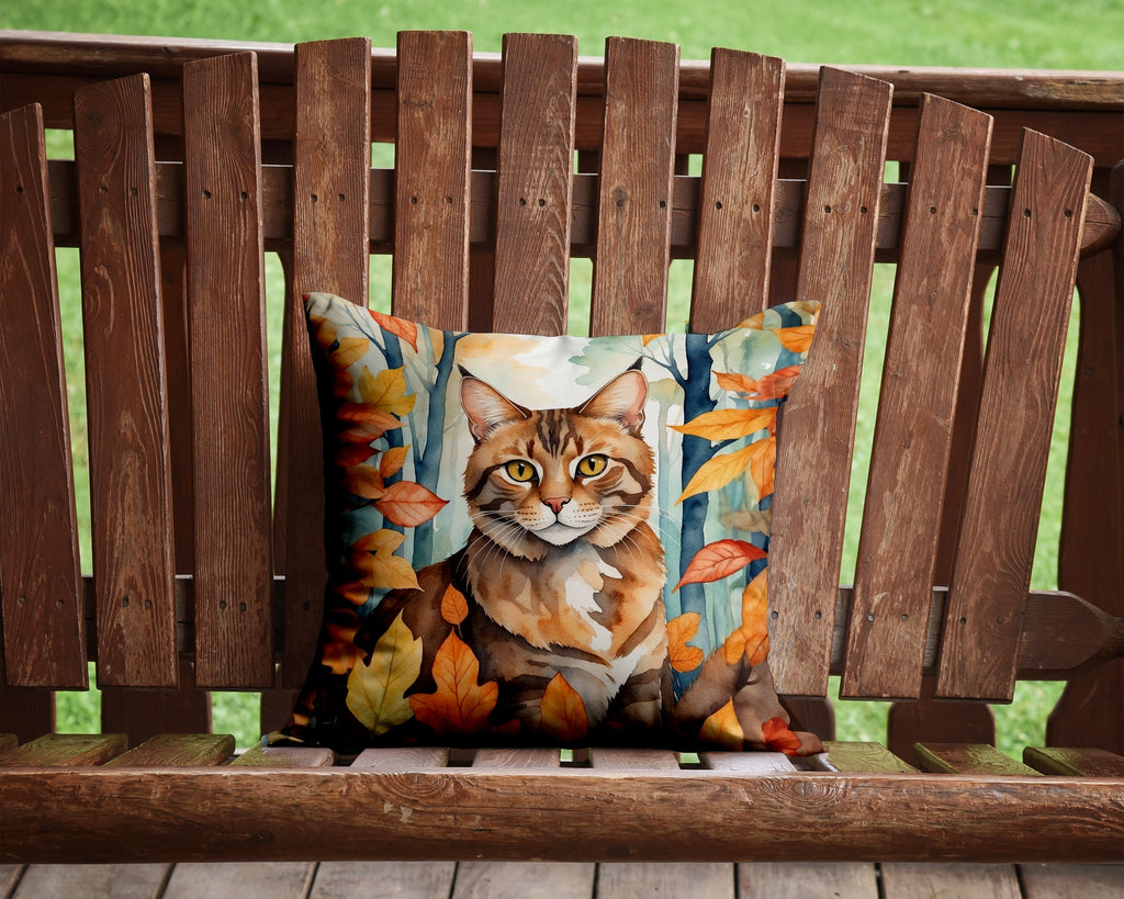 Sokoke Cat in Fall Leaves Decorative Throw Pillow 14x14 Indoor Outdoor Accent Cushion, Fabric Cover with Insert for Sofa, Bed, Porch & Living Room