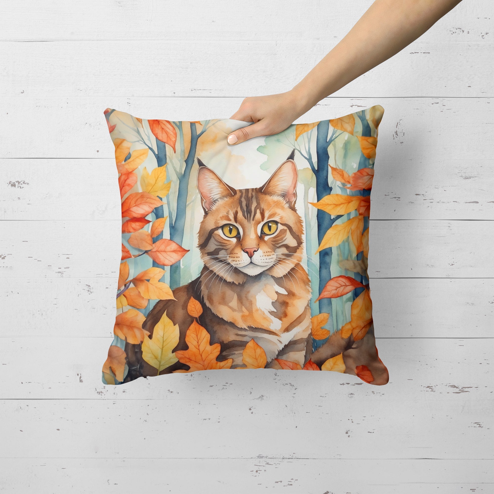 Sokoke Cat in Fall Leaves Decorative Throw Pillow 18x18 Indoor Outdoor Accent Cushion, Fabric Cover with Insert for Sofa, Bed, Porch & Living Room