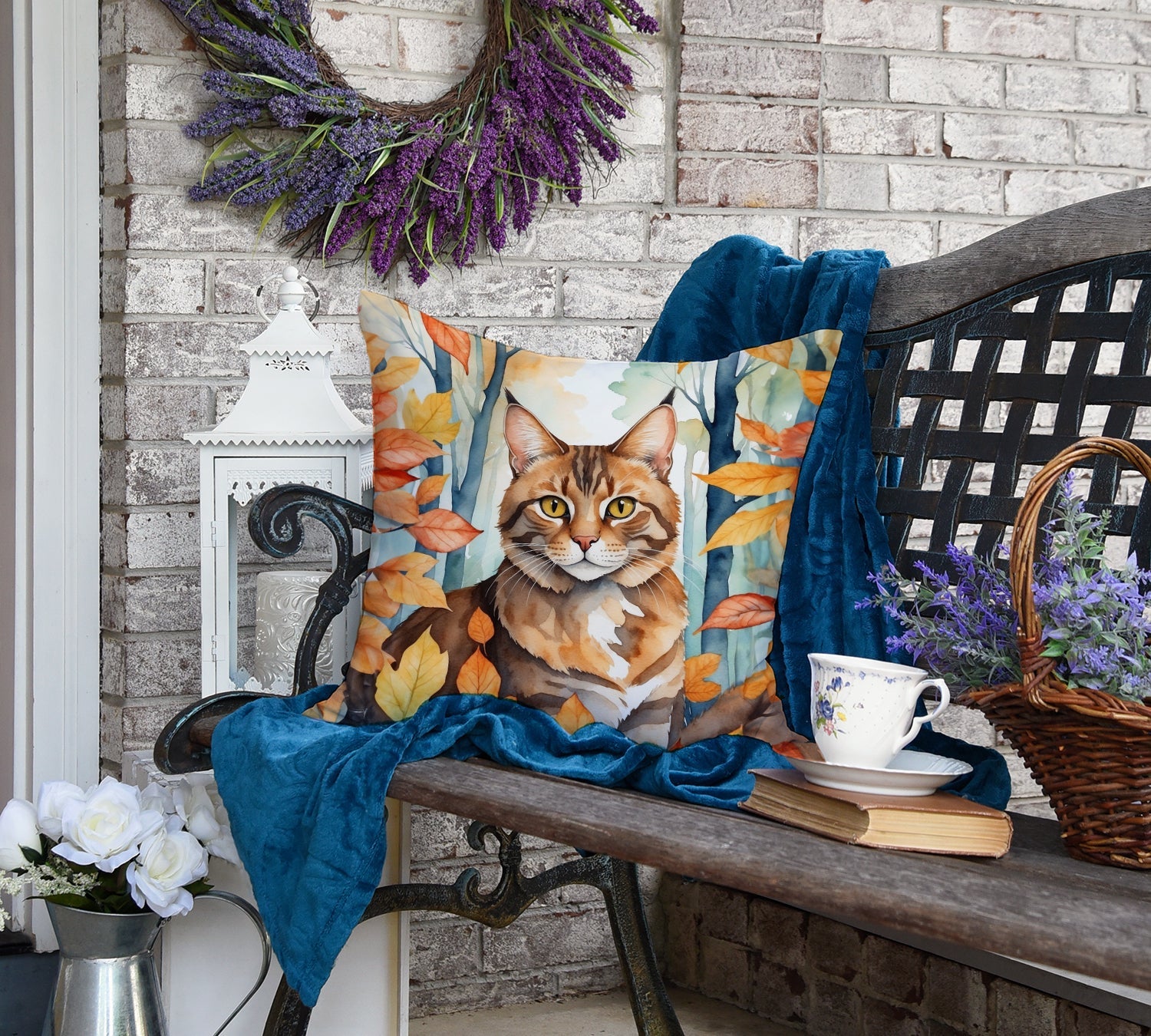 Sokoke Cat in Fall Leaves Decorative Throw Pillow 18x18 Indoor Outdoor Accent Cushion, Fabric Cover with Insert for Sofa, Bed, Porch & Living Room