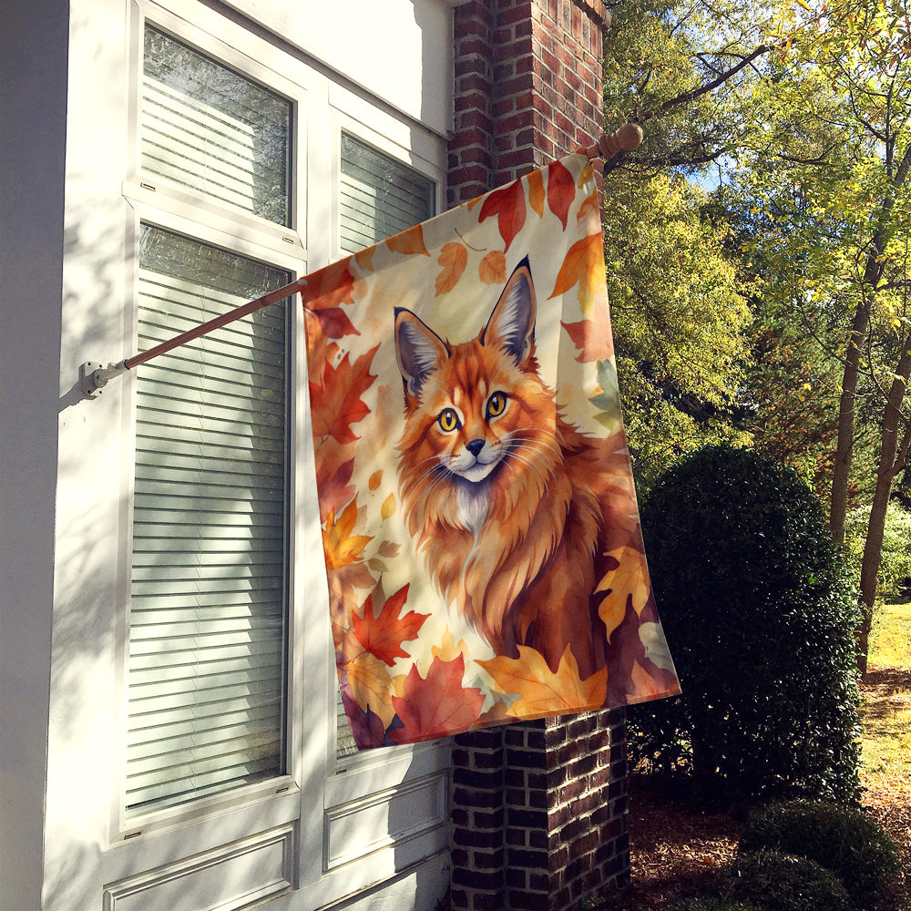 Somali Cat in Fall Leaves House Flag 28x40 Porch Sleeve Pole Decorative Outside Yard Banner Artwork Wall Hanging, Polyester