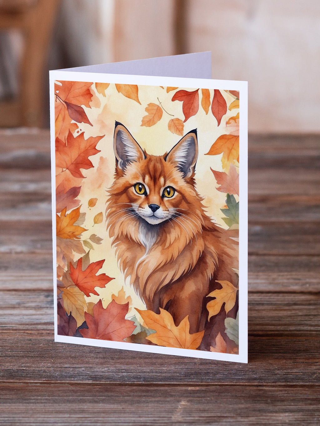 Somali Cat in Fall Leaves Greeting Cards Pack of 8 Blank Cards with Envelopes Whimsical A7 Size 5x7