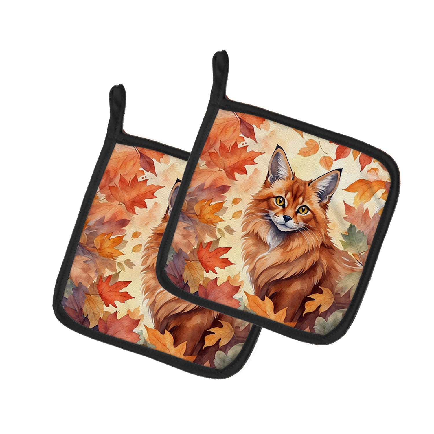 Somali Cat in Fall Leaves Pot Holder Set of 2 Heat Resistant Quilted Hot Pads 7.5 x 7.5 Inch, Insulated Kitchen Trivets for Cooking & Baking