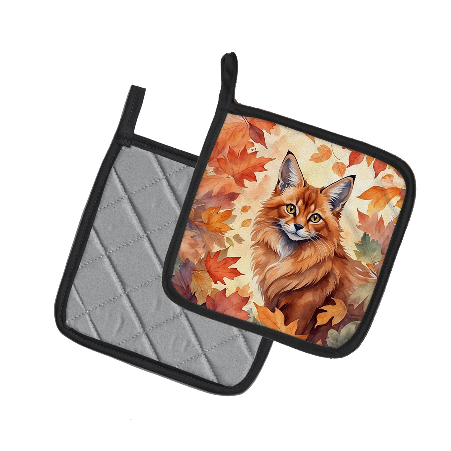 Somali Cat in Fall Leaves Pot Holder Set of 2 Heat Resistant Quilted Hot Pads 7.5 x 7.5 Inch, Insulated Kitchen Trivets for Cooking & Baking