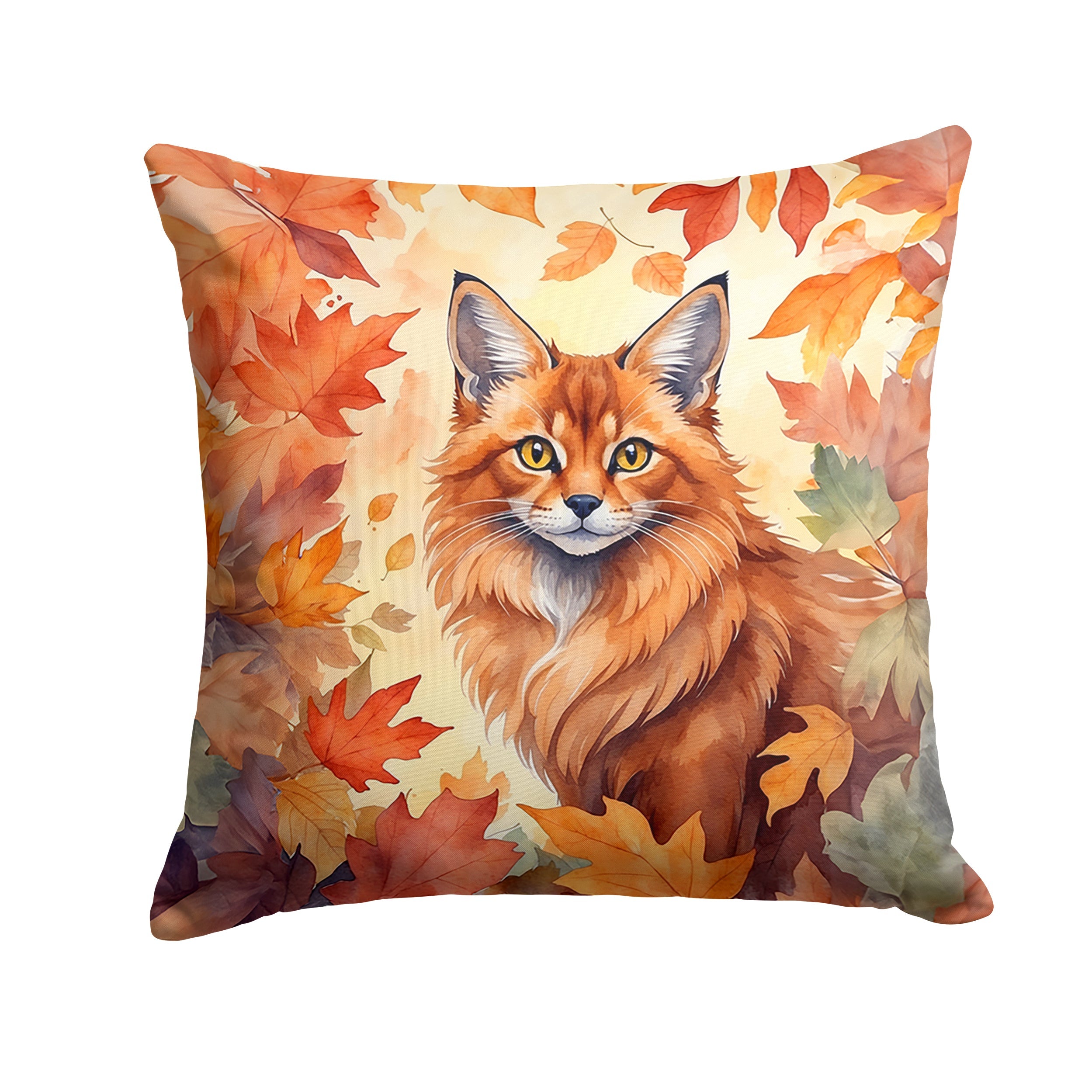 Somali Cat in Fall Leaves Decorative Throw Pillow 14x14 Indoor Outdoor Accent Cushion, Fabric Cover with Insert for Sofa, Bed, Porch & Living Room