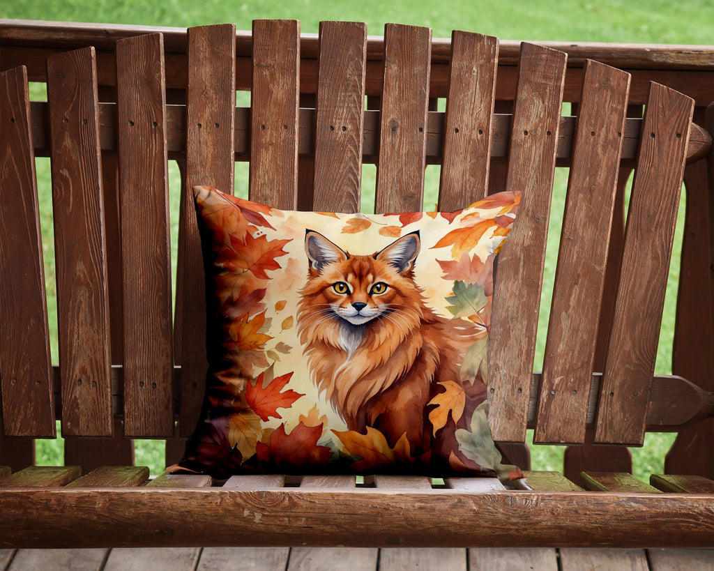 Somali Cat in Fall Leaves Decorative Throw Pillow 14x14 Indoor Outdoor Accent Cushion, Fabric Cover with Insert for Sofa, Bed, Porch & Living Room