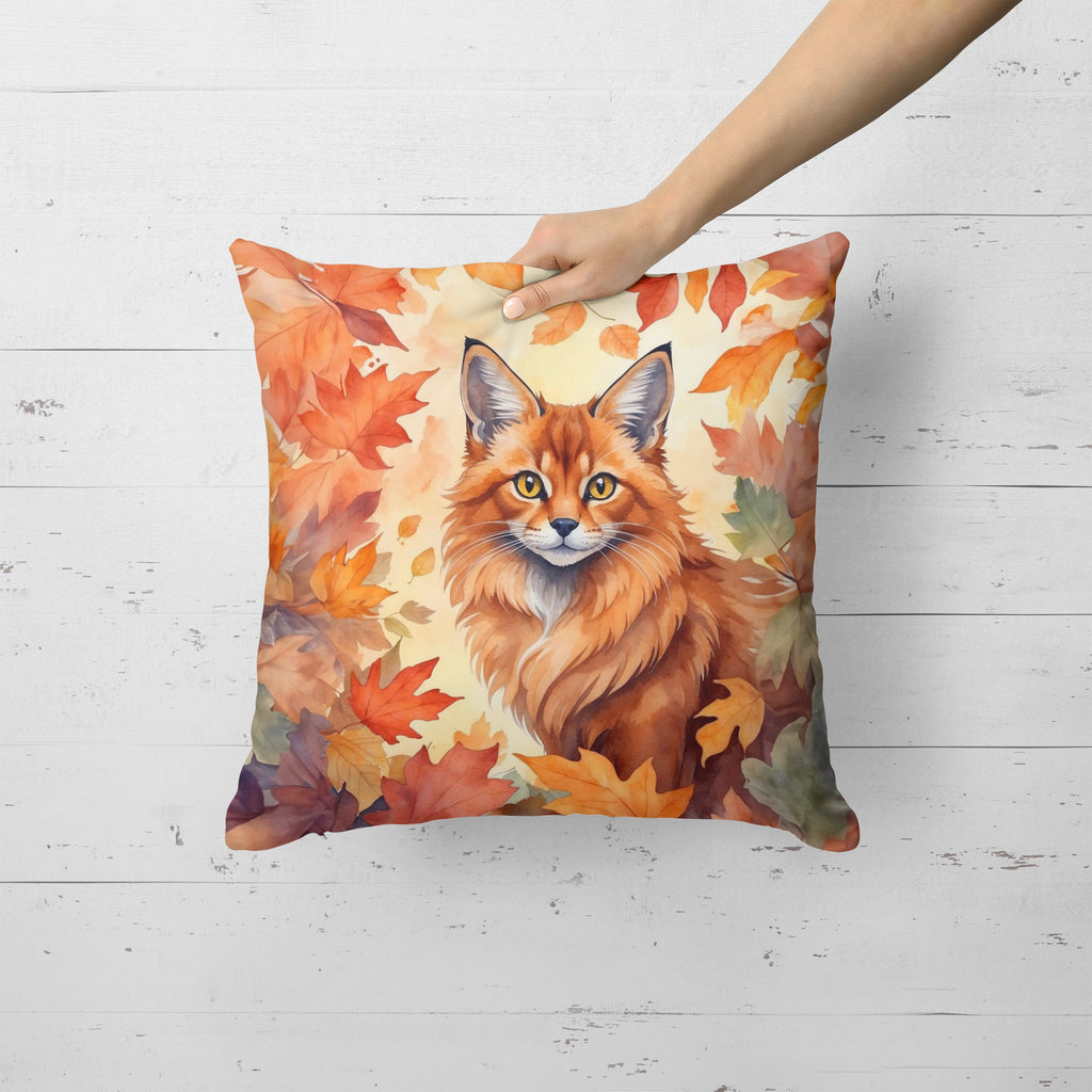 Somali Cat in Fall Leaves Decorative Throw Pillow 18x18 Indoor Outdoor Accent Cushion, Fabric Cover with Insert for Sofa, Bed, Porch & Living Room