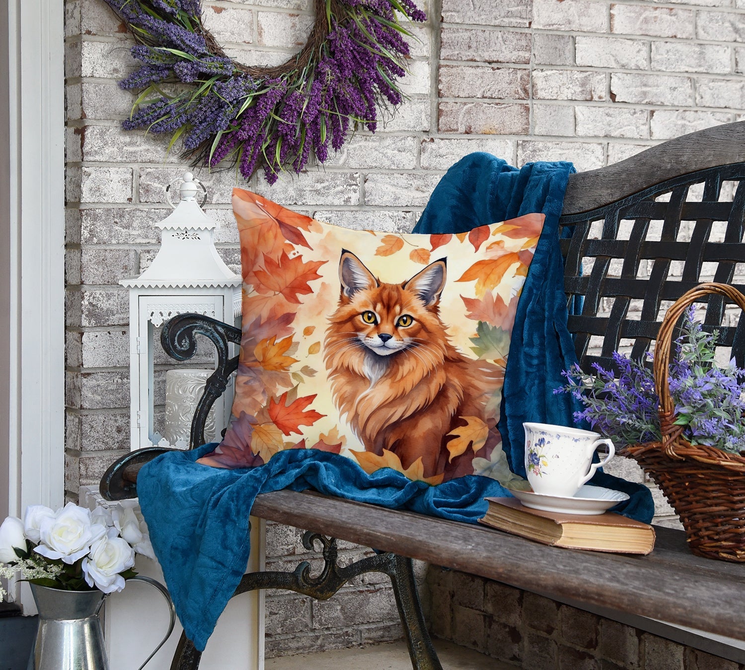 Somali Cat in Fall Leaves Decorative Throw Pillow 18x18 Indoor Outdoor Accent Cushion, Fabric Cover with Insert for Sofa, Bed, Porch & Living Room
