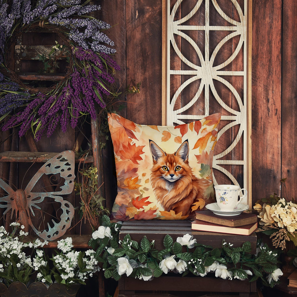 Somali Cat in Fall Leaves Decorative Throw Pillow 18x18 Indoor Outdoor Accent Cushion, Fabric Cover with Insert for Sofa, Bed, Porch & Living Room