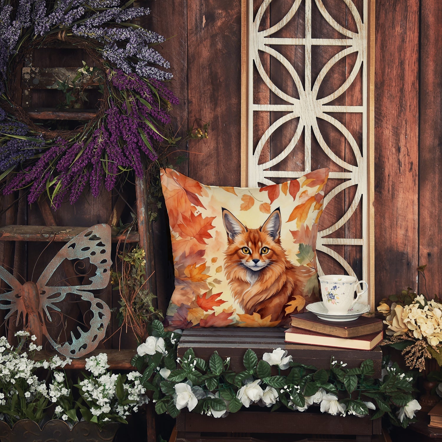 Somali Cat in Fall Leaves Decorative Throw Pillow 18x18 Indoor Outdoor Accent Cushion, Fabric Cover with Insert for Sofa, Bed, Porch & Living Room