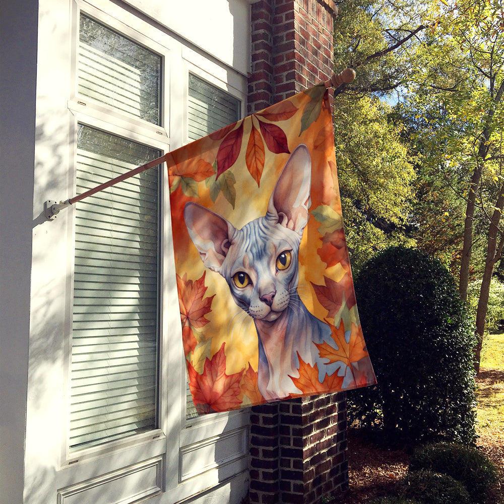 Sphynx Cat in Fall Leaves House Flag 28x40 Porch Sleeve Pole Decorative Outside Yard Banner Artwork Wall Hanging, Polyester