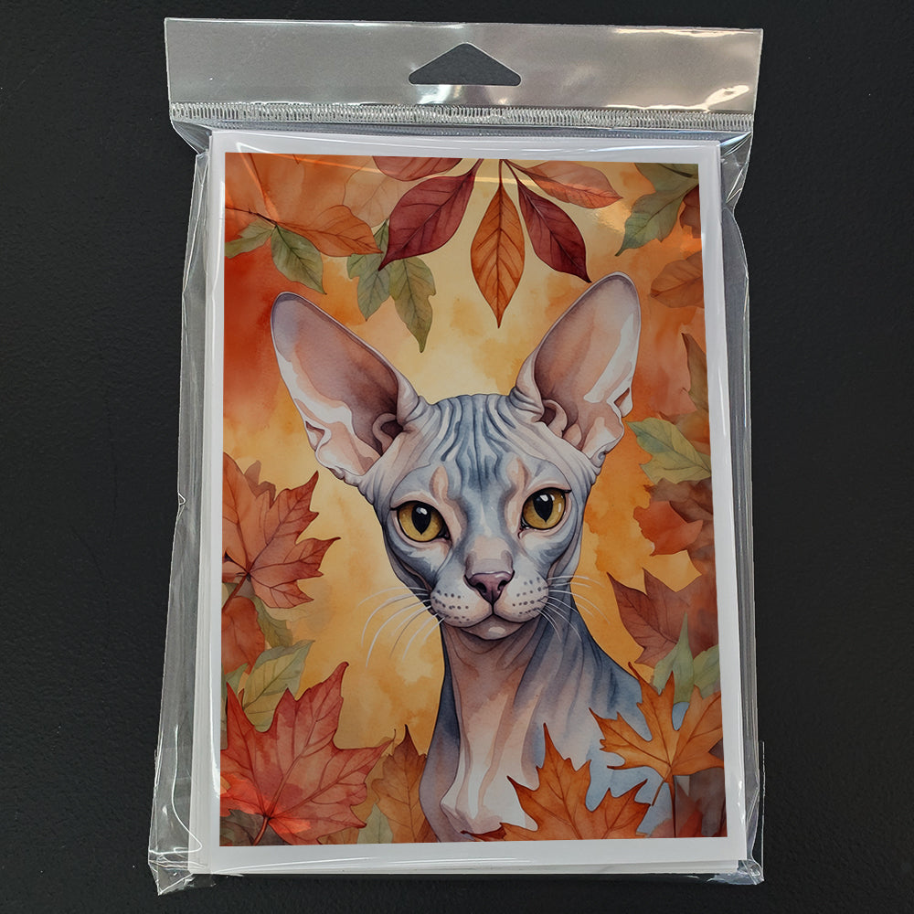Sphynx Cat in Fall Leaves Greeting Cards Pack of 8 Blank Cards with Envelopes Whimsical A7 Size 5x7