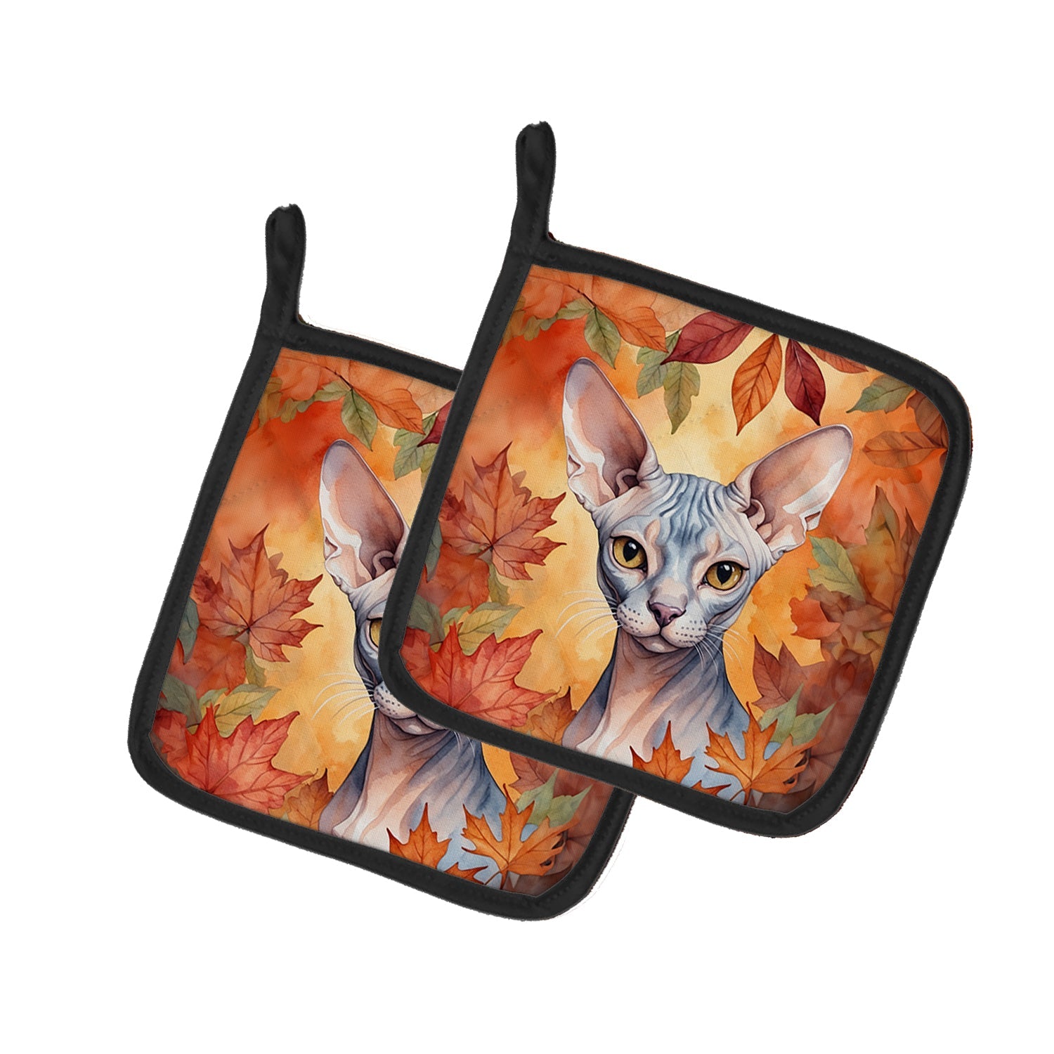Sphynx Cat in Fall Leaves Pot Holder Set of 2 Heat Resistant Quilted Hot Pads 7.5 x 7.5 Inch, Insulated Kitchen Trivets for Cooking & Baking