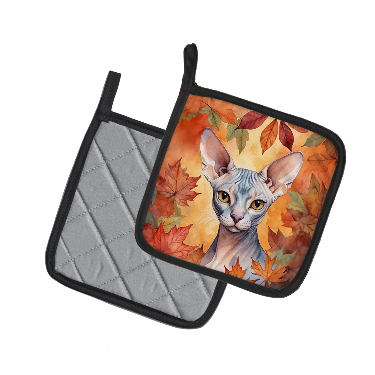 Sphynx Cat in Fall Leaves Pot Holder Set of 2 Heat Resistant Quilted Hot Pads 7.5 x 7.5 Inch, Insulated Kitchen Trivets for Cooking & Baking
