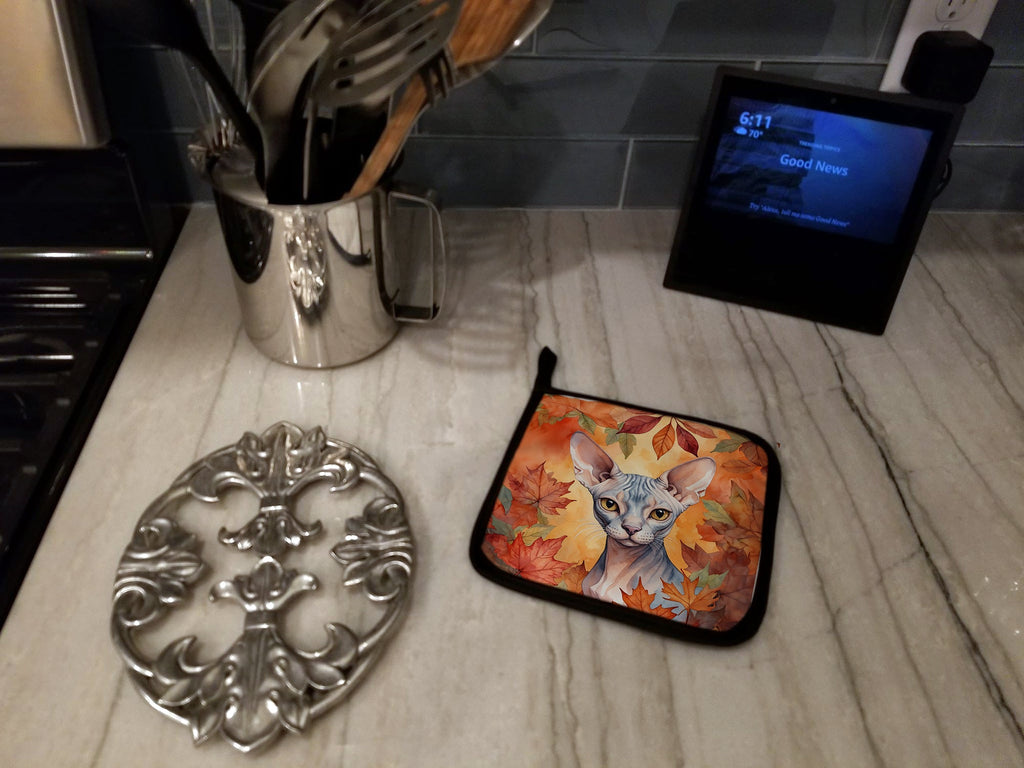 Sphynx Cat in Fall Leaves Pot Holder Set of 2 Heat Resistant Quilted Hot Pads 7.5 x 7.5 Inch, Insulated Kitchen Trivets for Cooking & Baking