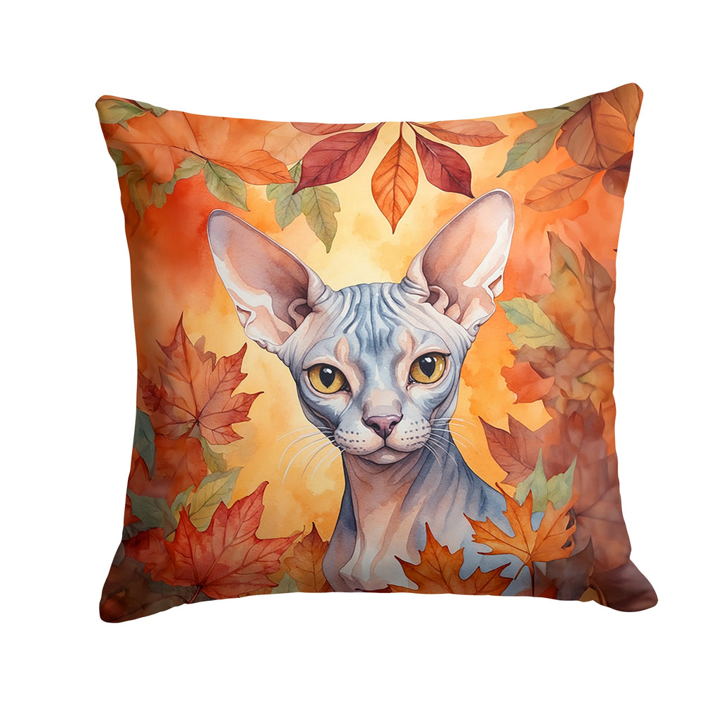 Sphynx Cat in Fall Leaves Decorative Throw Pillow 14x14 Indoor Outdoor Accent Cushion, Fabric Cover with Insert for Sofa, Bed, Porch & Living Room